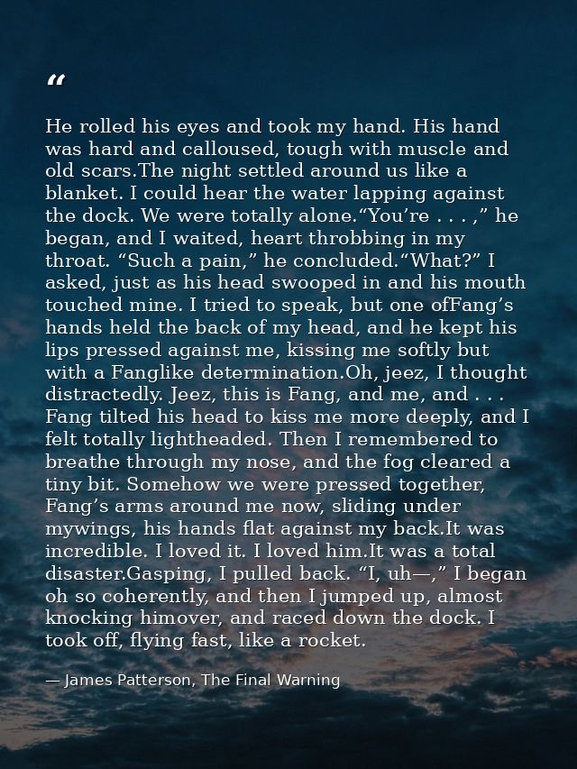 He rolled his eyes and took my hand. His hand was hard and calloused, tough with muscle and old scars.The night settled  — James Patterson, The Final Warning