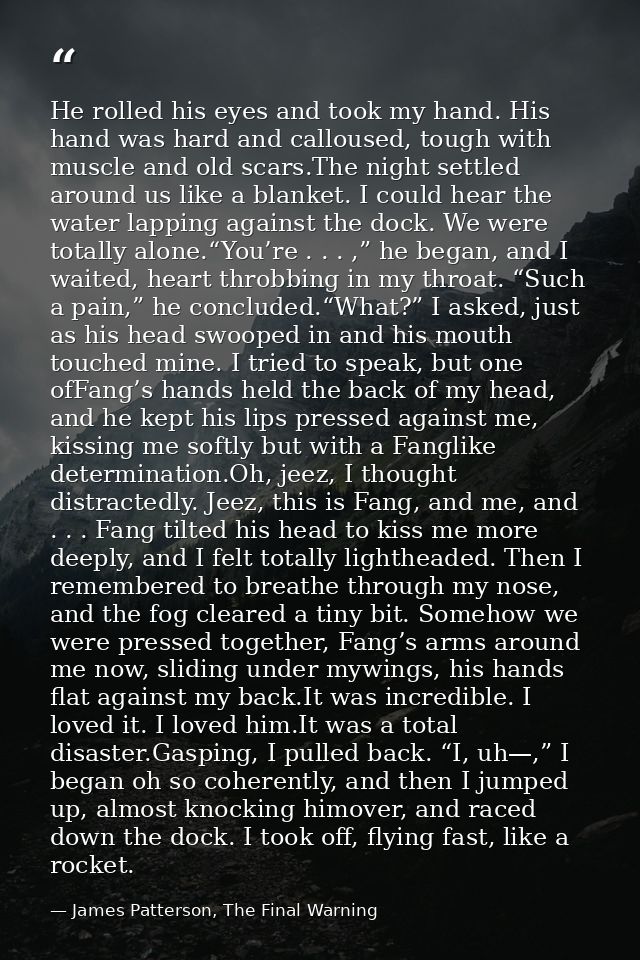 He rolled his eyes and took my hand. His hand was hard and calloused, tough with muscle and old scars.The night settled  — James Patterson, The Final Warning