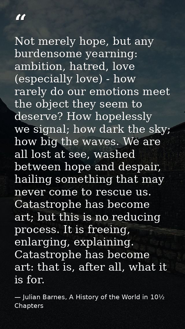 Not merely hope, but any burdensome yearning: ambition, hatred, love (especially love) - how rarely do our emotions meet — Julian Barnes, A History of the World in 10½  Chapters