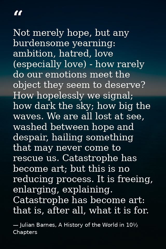 Not merely hope, but any burdensome yearning: ambition, hatred, love (especially love) - how rarely do our emotions meet — Julian Barnes, A History of the World in 10½  Chapters