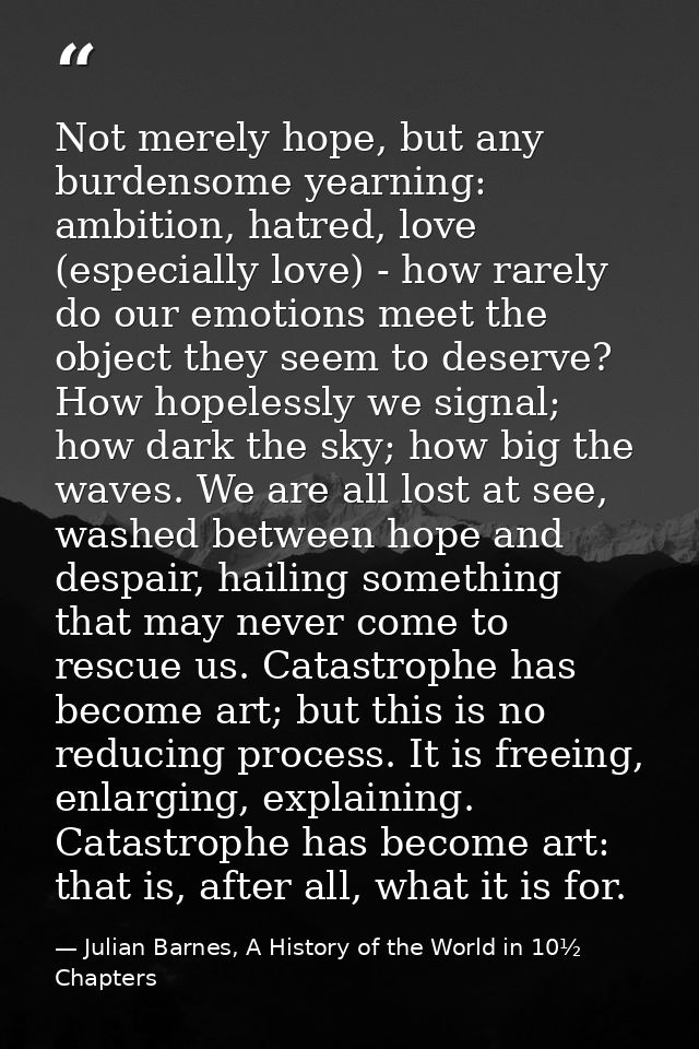 Not merely hope, but any burdensome yearning: ambition, hatred, love (especially love) - how rarely do our emotions meet — Julian Barnes, A History of the World in 10½  Chapters