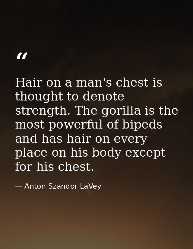 Hair on a man's chest is thought to denote strength. The gorilla is the most powerful of bipeds and has hair on every pl — Anton Szandor LaVey