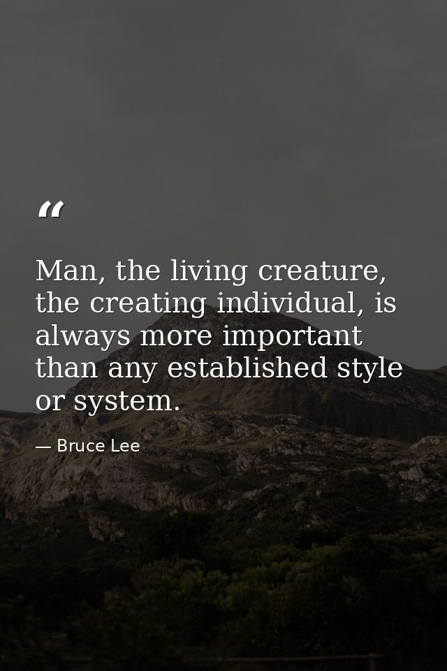 Man, the living creature, the creating individual, is always more important than any established style or system. — Bruce Lee