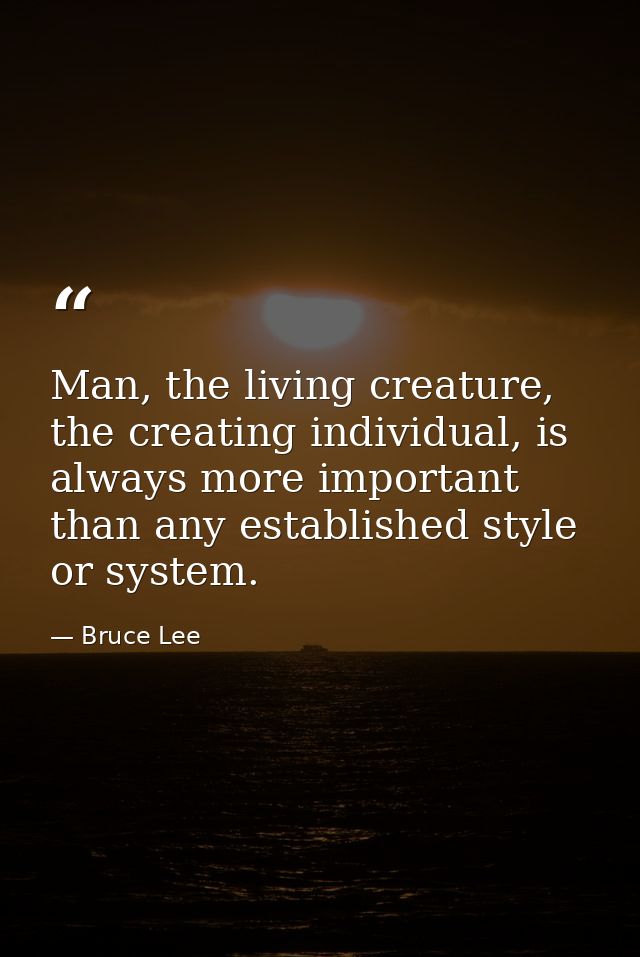Man, the living creature, the creating individual, is always more important than any established style or system. — Bruce Lee