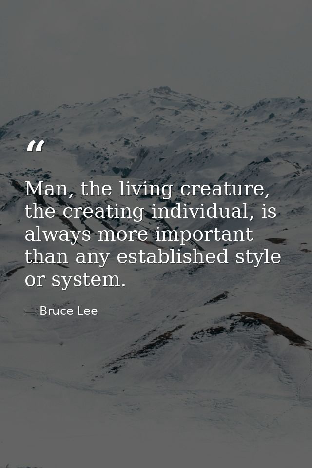 Man, the living creature, the creating individual, is always more important than any established style or system. — Bruce Lee