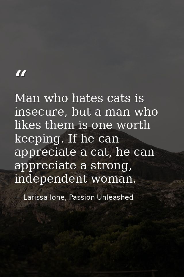 Man who hates cats is insecure, but a man who likes them is one worth keeping. If he can appreciate a cat, he can apprec — Larissa Ione, Passion Unleashed