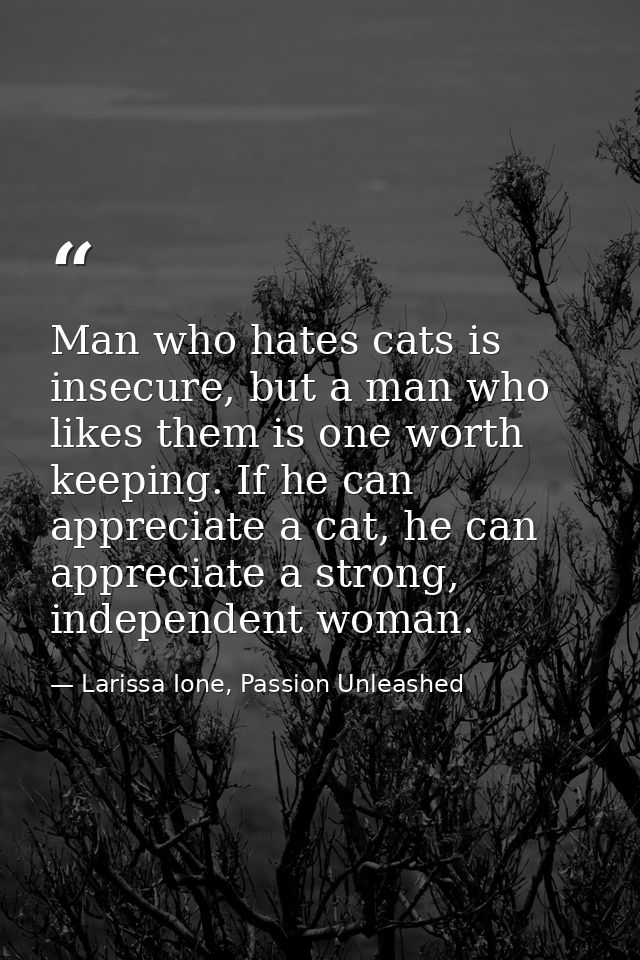 Man who hates cats is insecure, but a man who likes them is one worth keeping. If he can appreciate a cat, he can apprec — Larissa Ione, Passion Unleashed