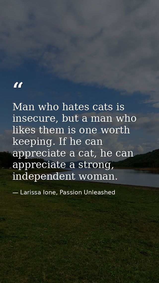Man who hates cats is insecure, but a man who likes them is one worth keeping. If he can appreciate a cat, he can apprec — Larissa Ione, Passion Unleashed