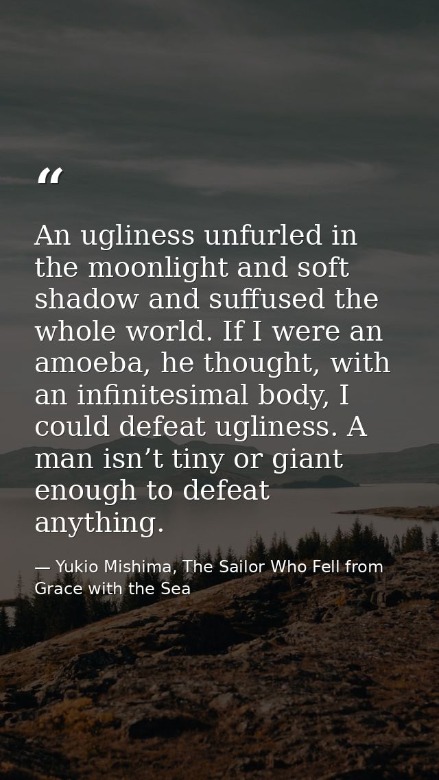 An ugliness unfurled in the moonlight and soft shadow and suffused the whole world. If I were an amoeba, he thought, wit — Yukio Mishima, The Sailor Who Fell from Grace with the Sea
