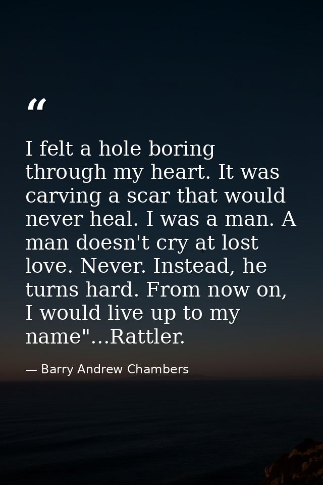 I felt a hole boring through my heart. It was carving a scar that would never heal. I was a man. A man doesn't cry at lo — Barry Andrew Chambers