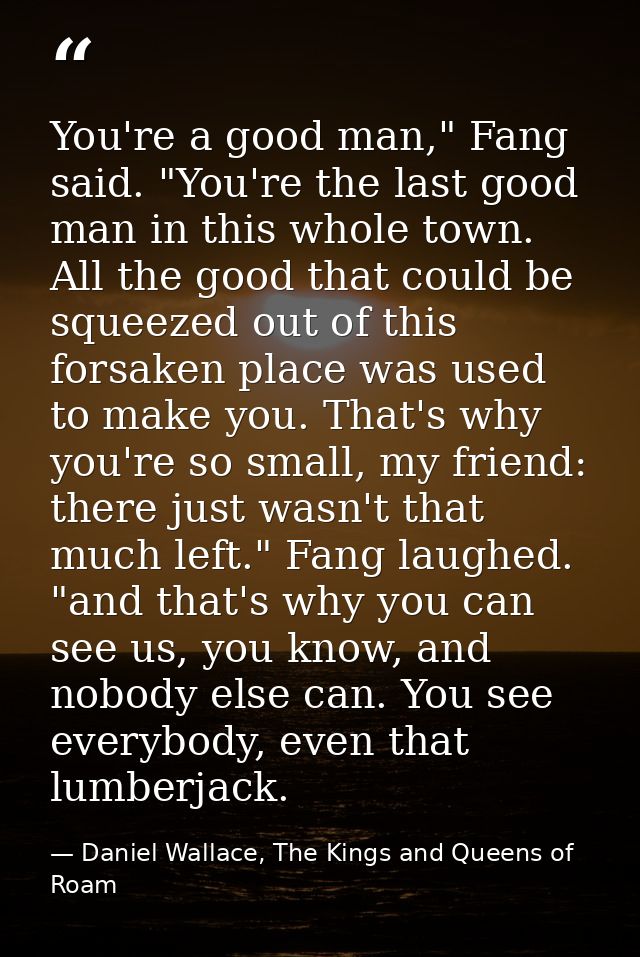 You're a good man," Fang said. "You're the last good man in this whole town. All the good that could be squeezed out of  — Daniel Wallace, The Kings and Queens of Roam