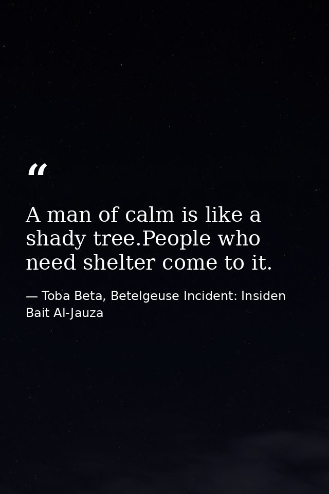 A man of calm is like a shady tree.People who need shelter come to it. — Toba Beta, Betelgeuse Incident: Insiden Bait Al-Jauza