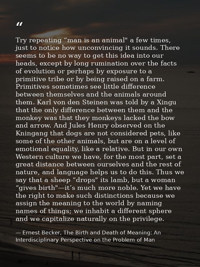 Try repeating “man is an animal" a few times, just to notice how unconvincing it sounds. There seems to be no way to get — Ernest Becker, The Birth and Death of Meaning: An Interdisciplinary Perspective on the Problem of Man