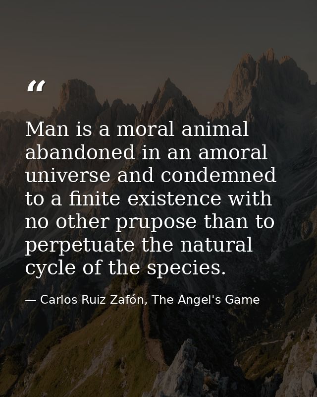 Man is a moral animal abandoned in an amoral universe and condemned to a finite existence with no other prupose than to  — Carlos Ruiz Zafón, The Angel's Game