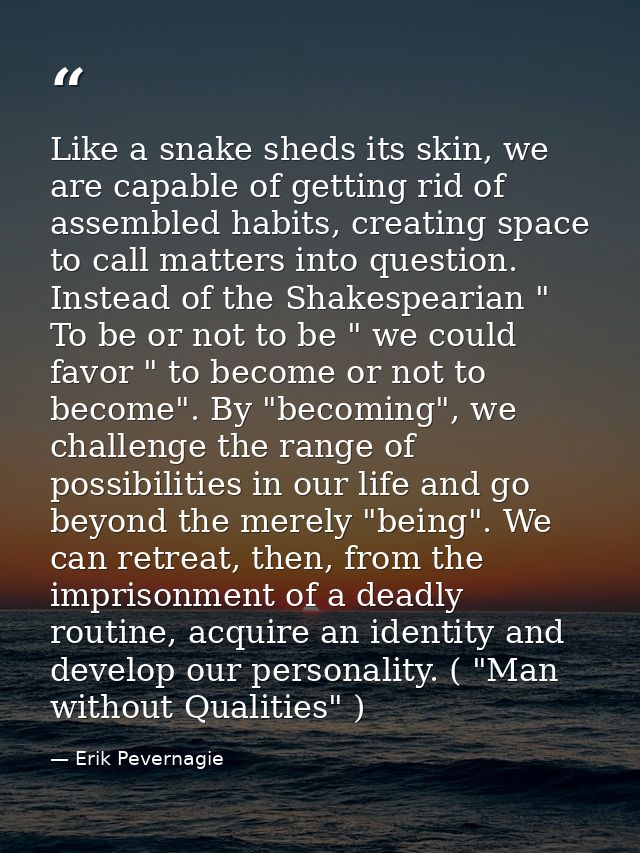 Like a snake sheds its skin, we are capable of getting rid of assembled habits, creating space to call matters into ques — Erik Pevernagie