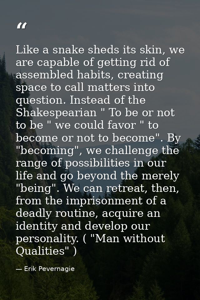 Like a snake sheds its skin, we are capable of getting rid of assembled habits, creating space to call matters into ques — Erik Pevernagie