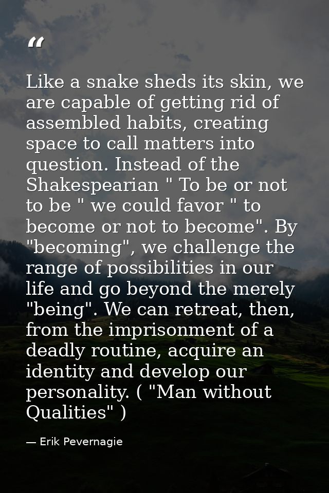 Like a snake sheds its skin, we are capable of getting rid of assembled habits, creating space to call matters into ques — Erik Pevernagie