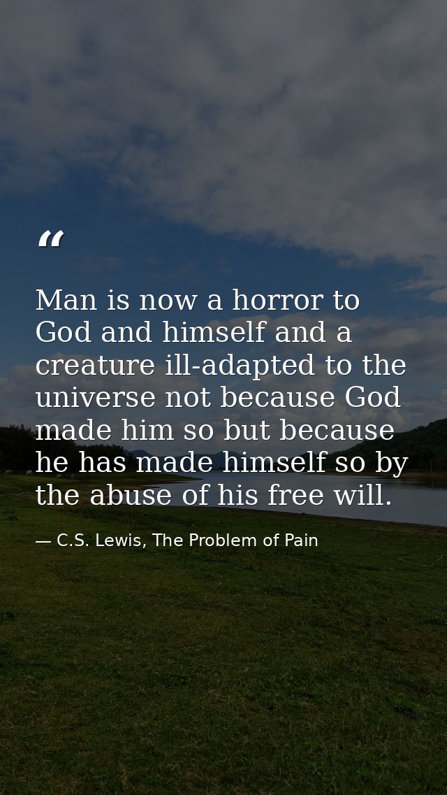 Man is now a horror to God and himself and a creature ill-adapted to the universe not because God made him so but becaus — C.S. Lewis, The Problem of Pain