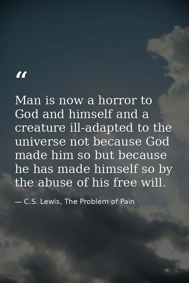 Man is now a horror to God and himself and a creature ill-adapted to the universe not because God made him so but becaus — C.S. Lewis, The Problem of Pain