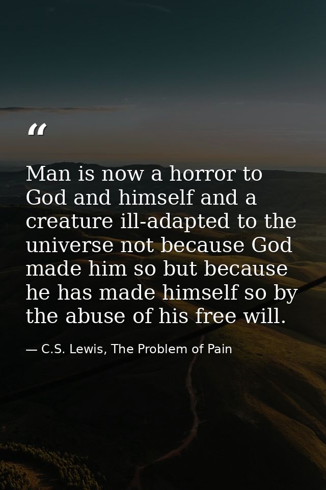 Man is now a horror to God and himself and a creature ill-adapted to the universe not because God made him so but becaus — C.S. Lewis, The Problem of Pain