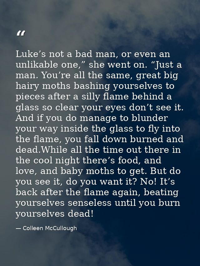 Luke’s not a bad man, or even an unlikable one,” she went on. “Just a man. You’re all the same, great big hairy moths ba — Colleen McCullough
