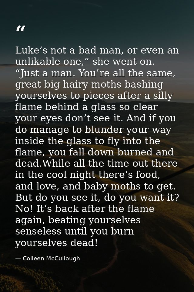 Luke’s not a bad man, or even an unlikable one,” she went on. “Just a man. You’re all the same, great big hairy moths ba — Colleen McCullough