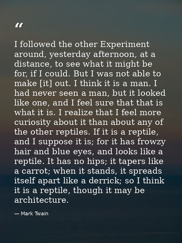 I followed the other Experiment around, yesterday afternoon, at a distance, to see what it might be for, if I could. But — Mark Twain