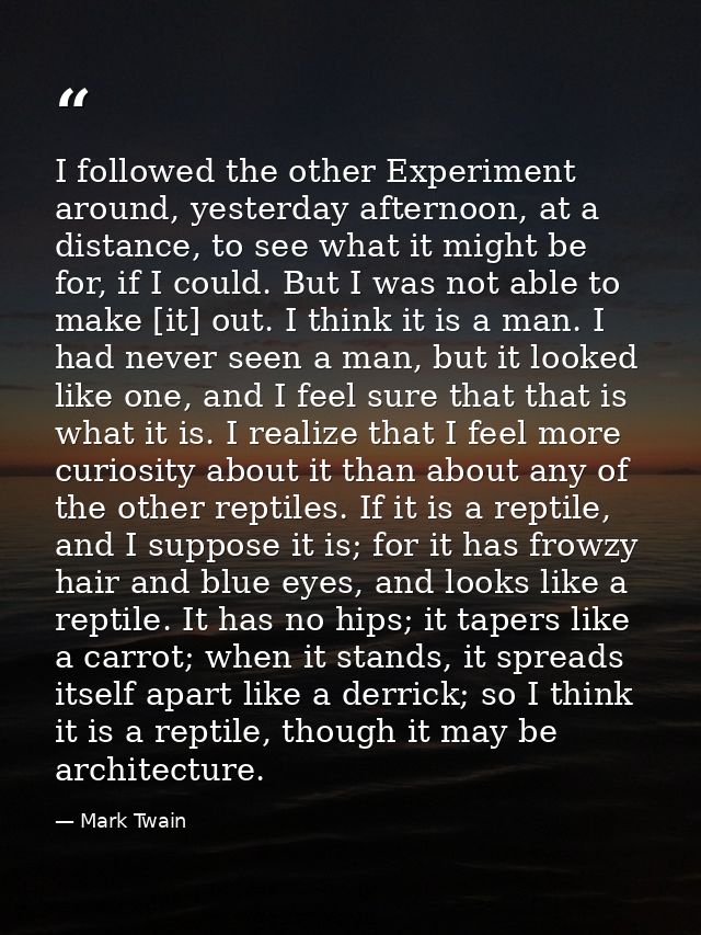 I followed the other Experiment around, yesterday afternoon, at a distance, to see what it might be for, if I could. But — Mark Twain