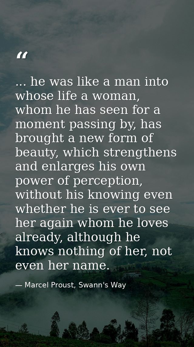 ... he was like a man into whose life a woman, whom he has seen for a moment passing by, has brought a new form of beaut — Marcel Proust, Swann's Way