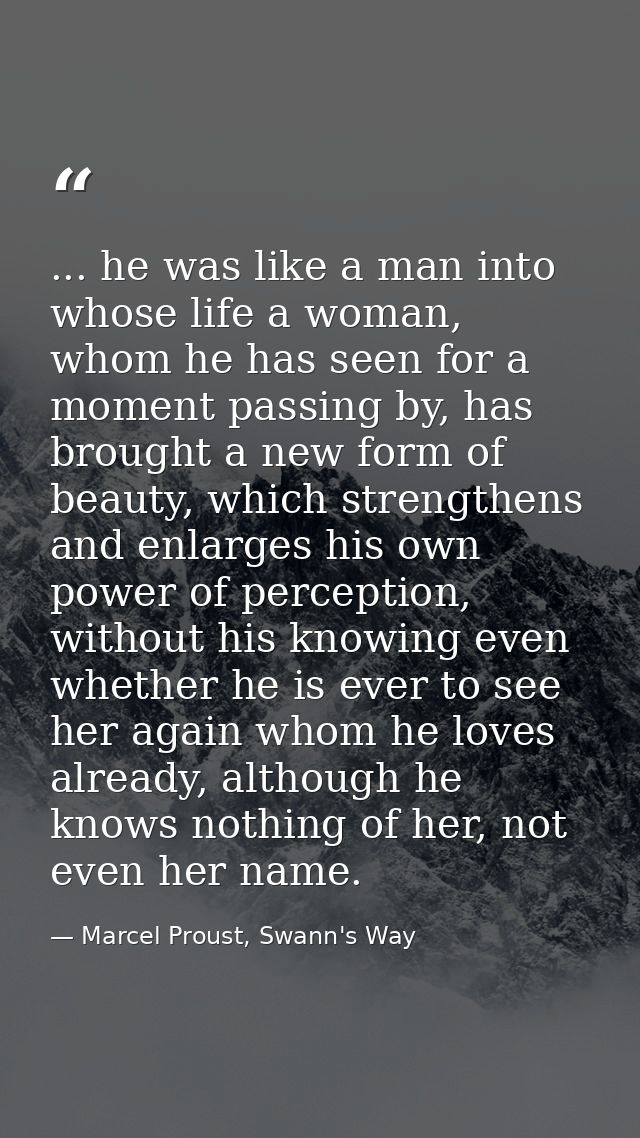 ... he was like a man into whose life a woman, whom he has seen for a moment passing by, has brought a new form of beaut — Marcel Proust, Swann's Way