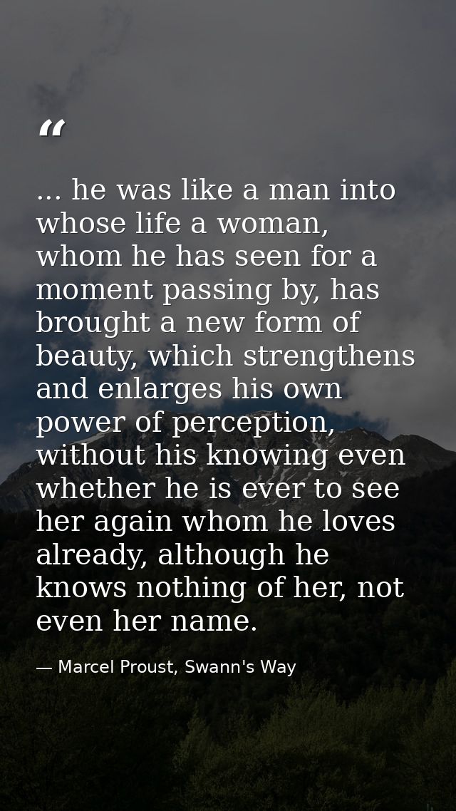 ... he was like a man into whose life a woman, whom he has seen for a moment passing by, has brought a new form of beaut — Marcel Proust, Swann's Way