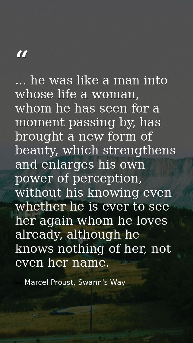 ... he was like a man into whose life a woman, whom he has seen for a moment passing by, has brought a new form of beaut — Marcel Proust, Swann's Way