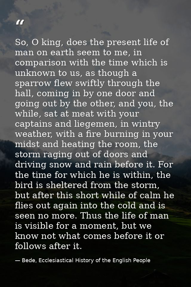 So, O king, does the present life of man on earth seem to me, in comparison with the time which is unknown to us, as tho — Bede, Ecclesiastical History of the English People