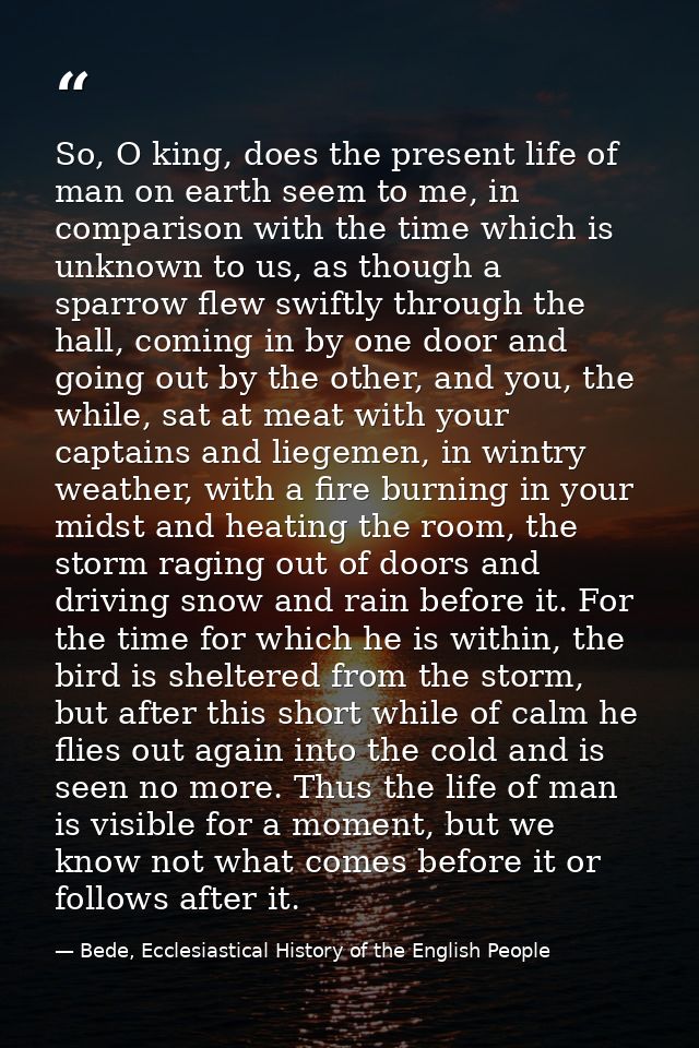 So, O king, does the present life of man on earth seem to me, in comparison with the time which is unknown to us, as tho — Bede, Ecclesiastical History of the English People