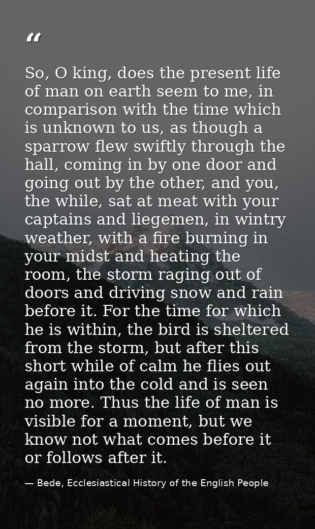 So, O king, does the present life of man on earth seem to me, in comparison with the time which is unknown to us, as tho — Bede, Ecclesiastical History of the English People