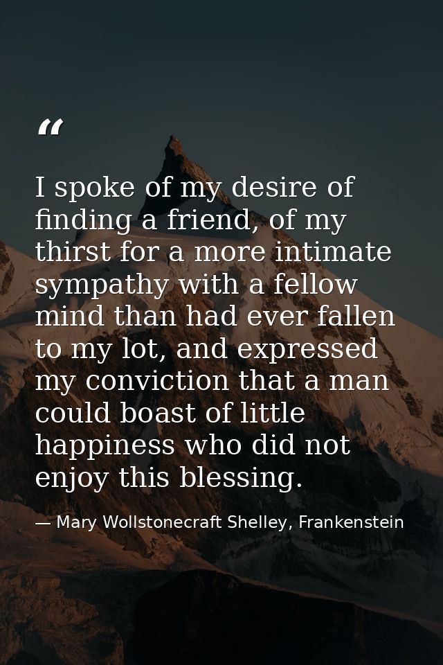 I spoke of my desire of finding a friend, of my thirst for a more intimate sympathy with a fellow mind than had ever fal — Mary Wollstonecraft Shelley, Frankenstein