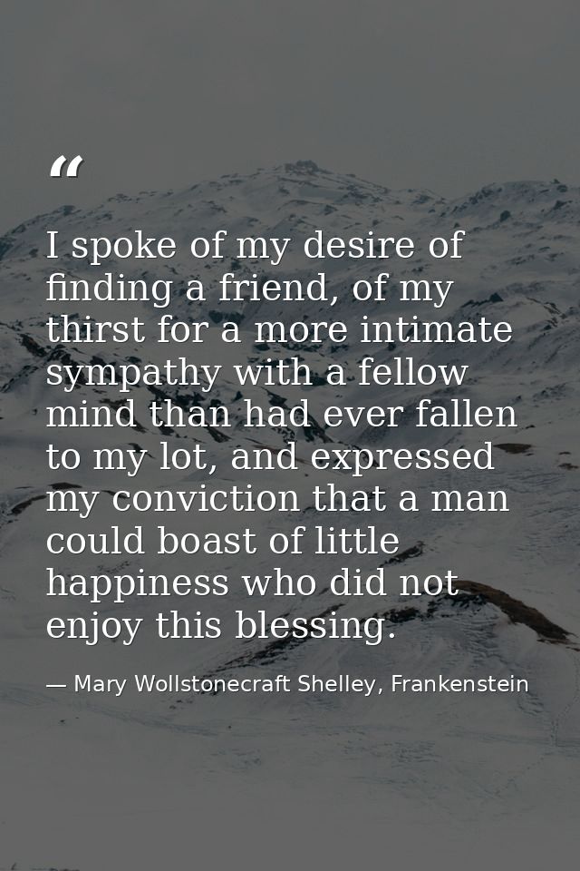 I spoke of my desire of finding a friend, of my thirst for a more intimate sympathy with a fellow mind than had ever fal — Mary Wollstonecraft Shelley, Frankenstein