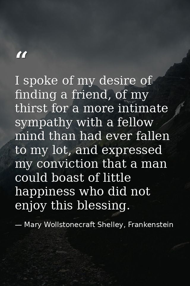 I spoke of my desire of finding a friend, of my thirst for a more intimate sympathy with a fellow mind than had ever fal — Mary Wollstonecraft Shelley, Frankenstein