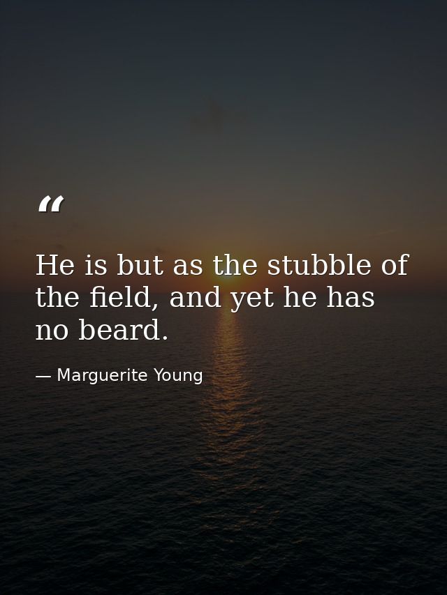 He is but as the stubble of the field, and yet he has no beard. — Marguerite Young