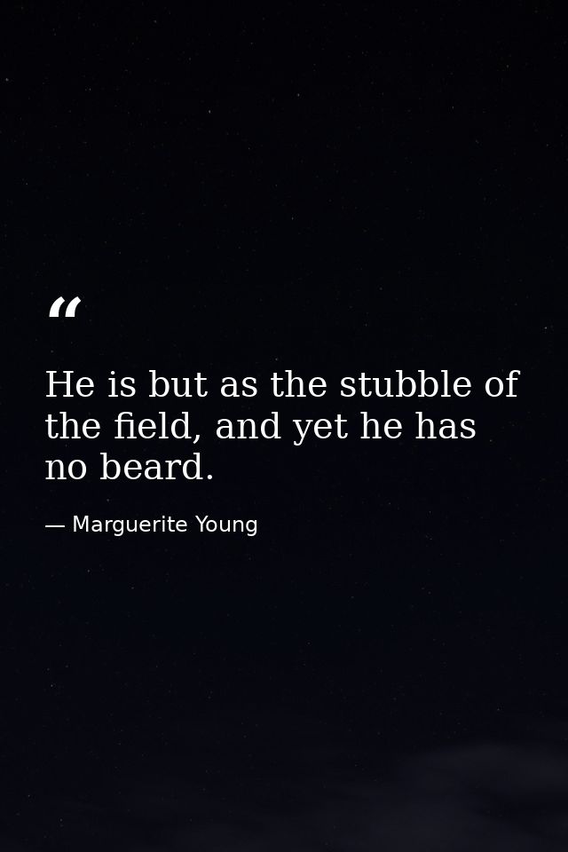 He is but as the stubble of the field, and yet he has no beard. — Marguerite Young
