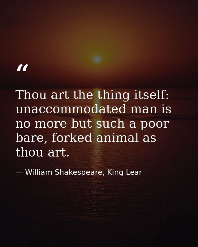 Thou art the thing itself: unaccommodated man is no more but such a poor bare, forked animal as thou art. — William Shakespeare, King Lear