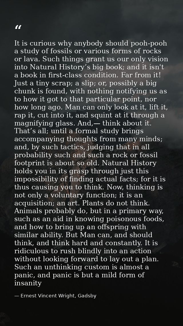 It is curious why anybody should pooh-pooh a study of fossils or various forms of rocks or lava. Such things grant us ou — Ernest Vincent Wright, Gadsby