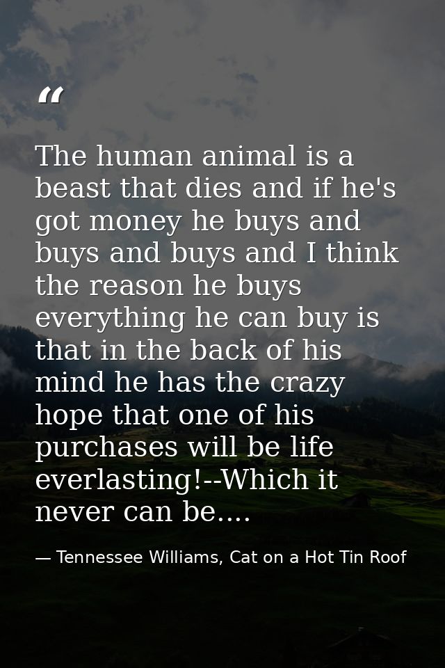 The human animal is a beast that dies and if he's got money he buys and buys and buys and I think the reason he buys eve — Tennessee Williams, Cat on a Hot Tin Roof