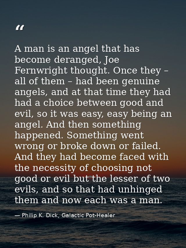 A man is an angel that has become deranged, Joe Fernwright thought. Once they – all of them – had been genuine angels, a — Philip K. Dick, Galactic Pot-Healer