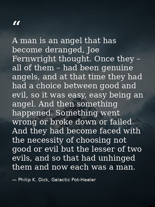 A man is an angel that has become deranged, Joe Fernwright thought. Once they – all of them – had been genuine angels, a — Philip K. Dick, Galactic Pot-Healer