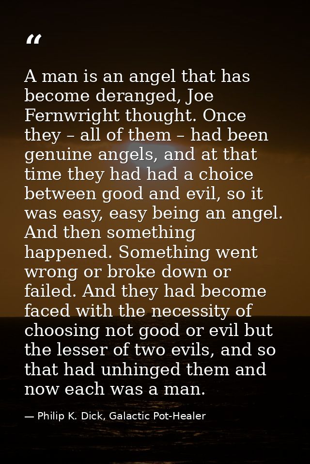 A man is an angel that has become deranged, Joe Fernwright thought. Once they – all of them – had been genuine angels, a — Philip K. Dick, Galactic Pot-Healer