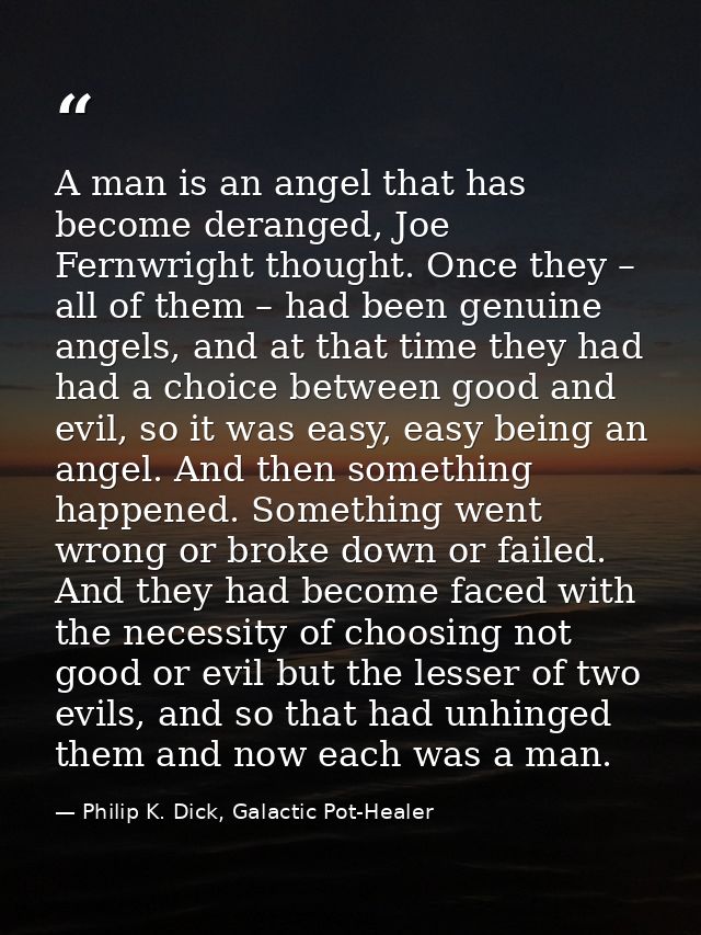 A man is an angel that has become deranged, Joe Fernwright thought. Once they – all of them – had been genuine angels, a — Philip K. Dick, Galactic Pot-Healer