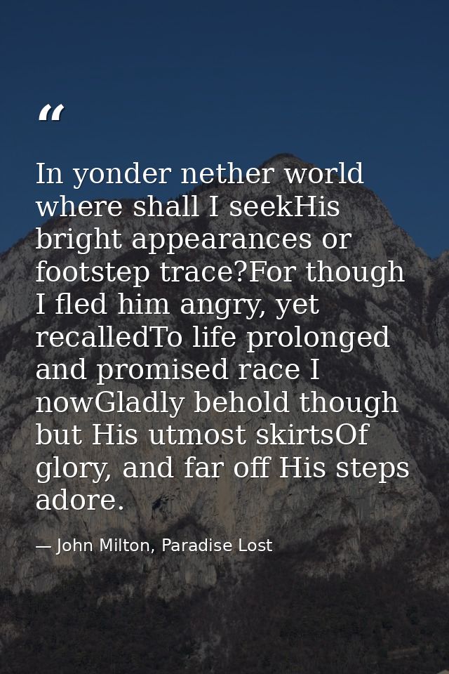 In yonder nether world where shall I seekHis bright appearances or footstep trace?For though I fled him angry, yet recal — John Milton, Paradise Lost