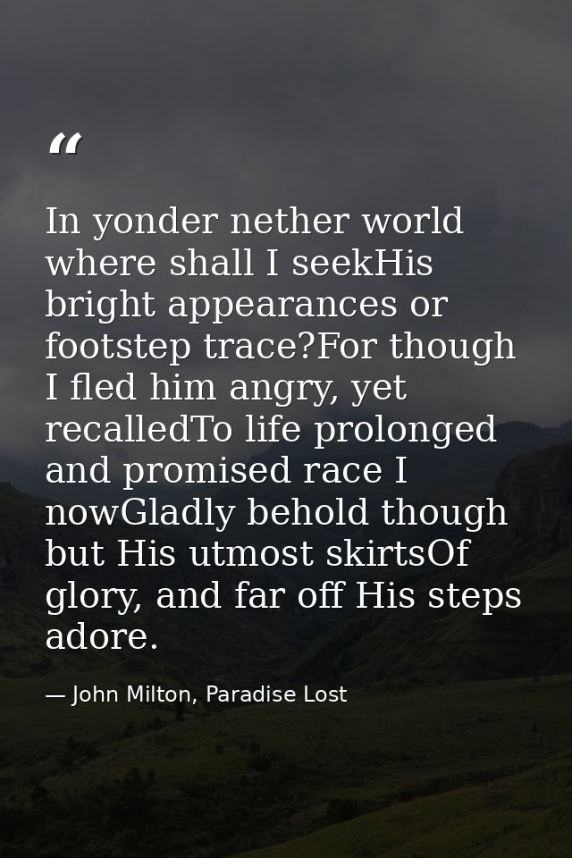 In yonder nether world where shall I seekHis bright appearances or footstep trace?For though I fled him angry, yet recal — John Milton, Paradise Lost