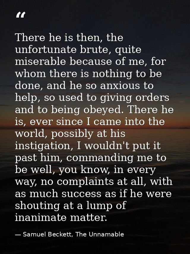 There he is then, the unfortunate brute, quite miserable because of me, for whom there is nothing to be done, and he so  — Samuel Beckett, The Unnamable
